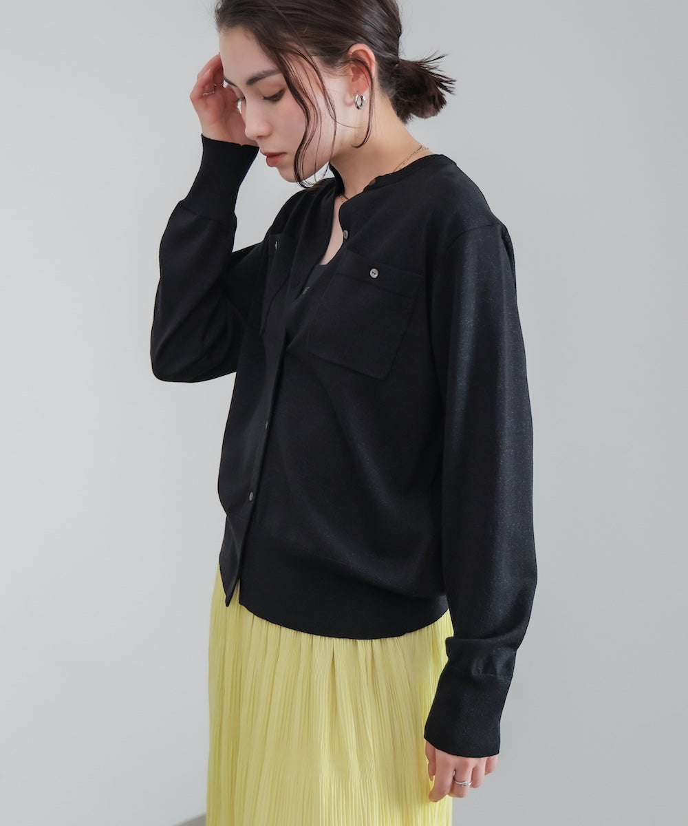 マイクロラメ丸首ニットカーディガン