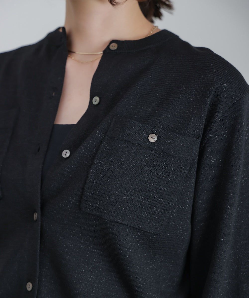 マイクロラメ丸首ニットカーディガン