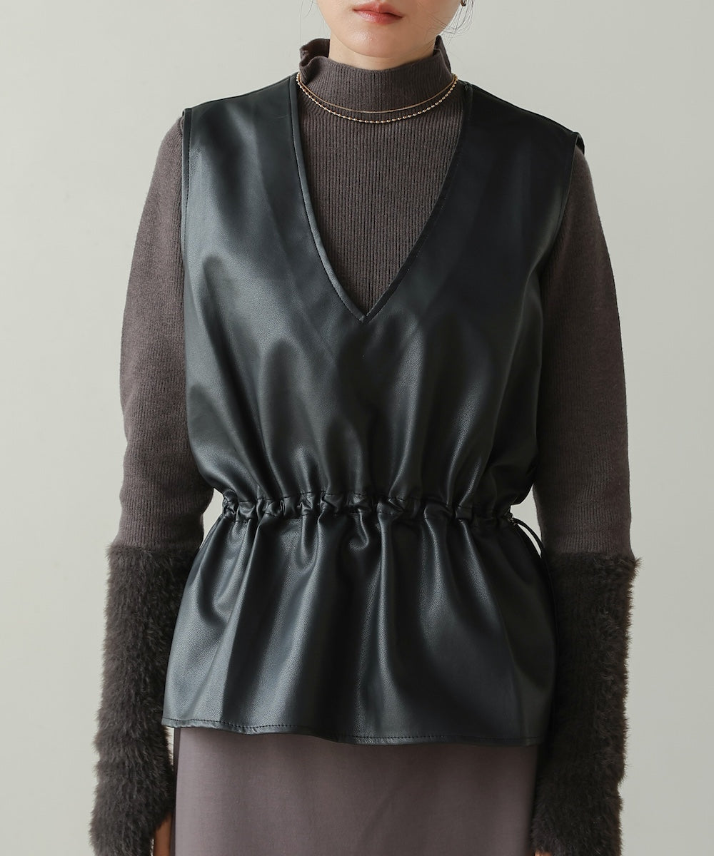 ペプラムドロスト合皮ギャザーベスト