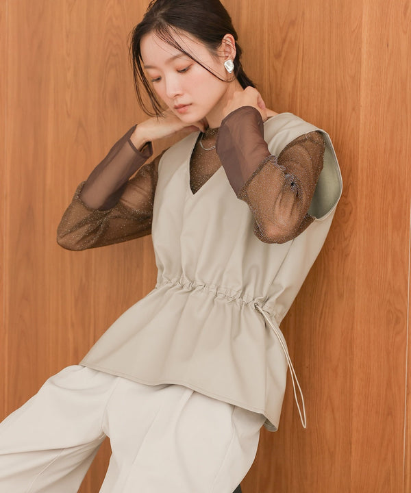 ペプラムドロスト合皮ギャザーベスト