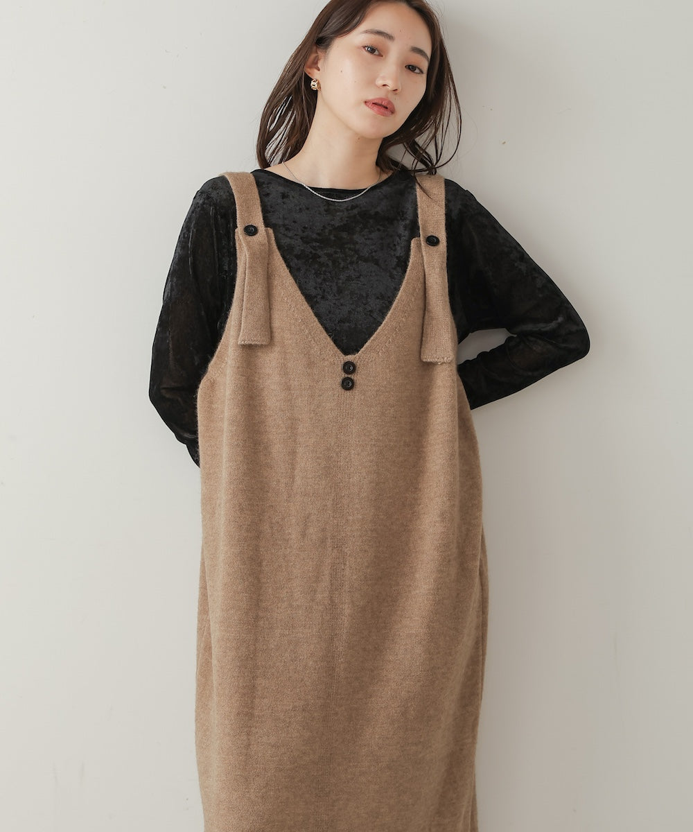 ボタンデザインニットジャンパーワンピース