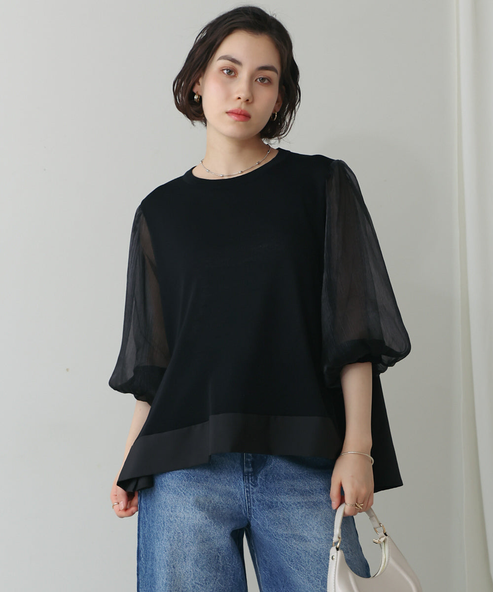 袖異素材バルーンスリーブプルオーバー