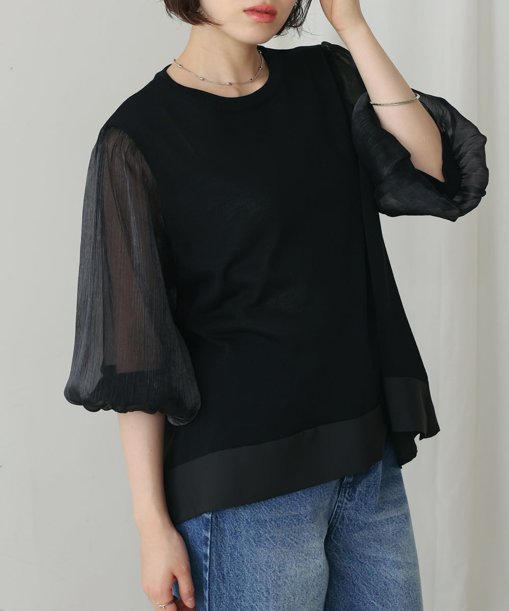 袖異素材バルーンスリーブプルオーバー