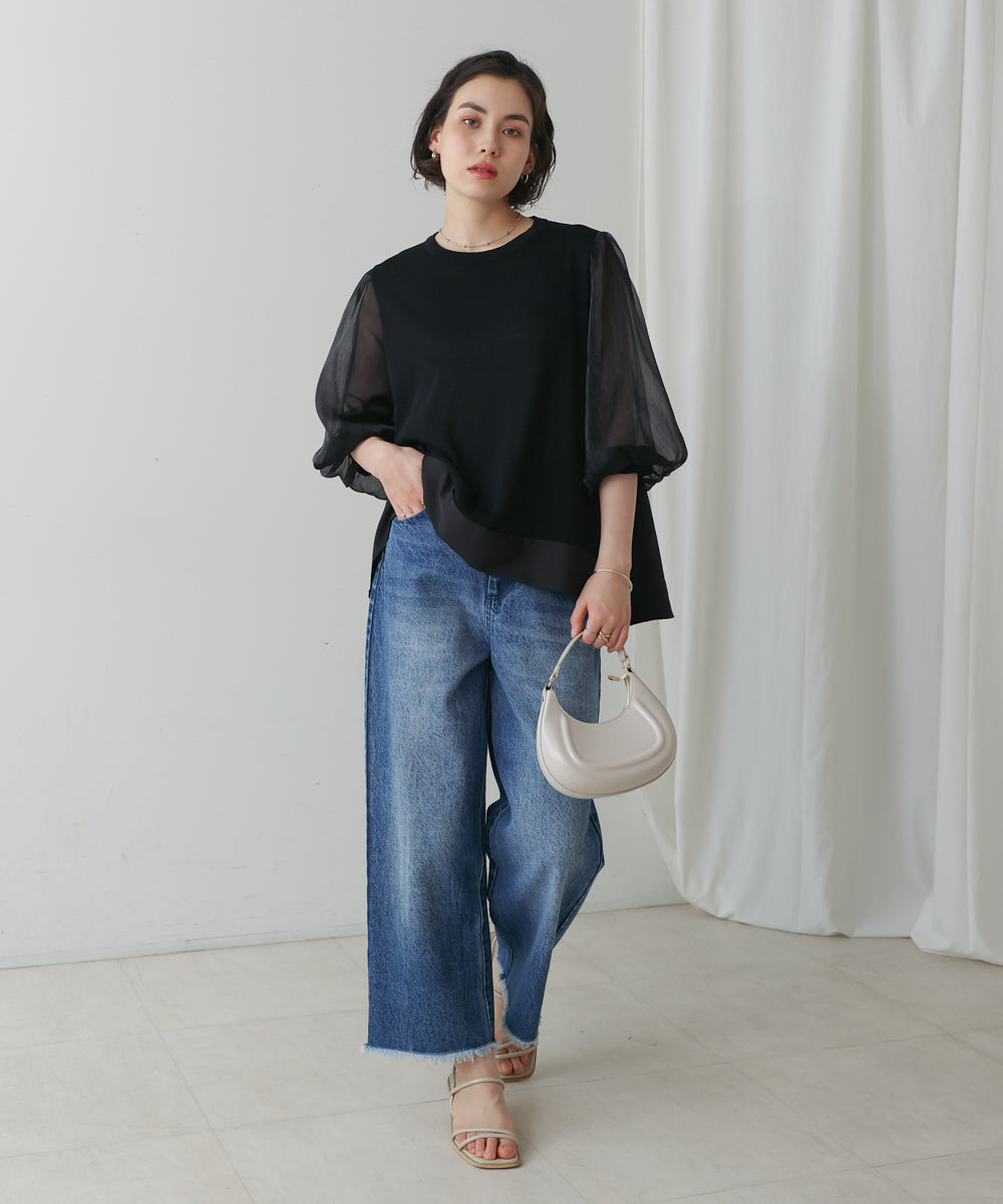 袖異素材バルーンスリーブプルオーバー