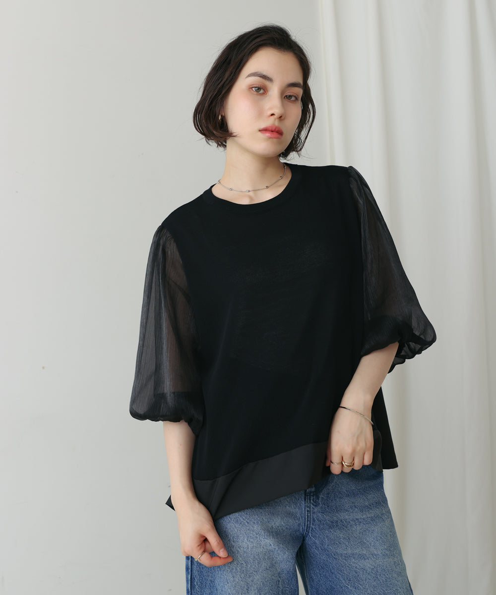 袖異素材バルーンスリーブプルオーバー