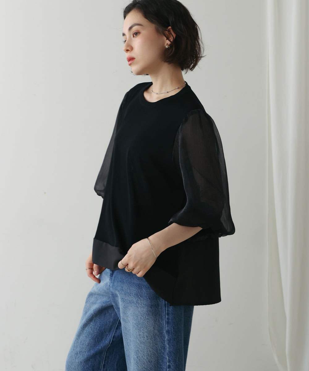 袖異素材バルーンスリーブプルオーバー