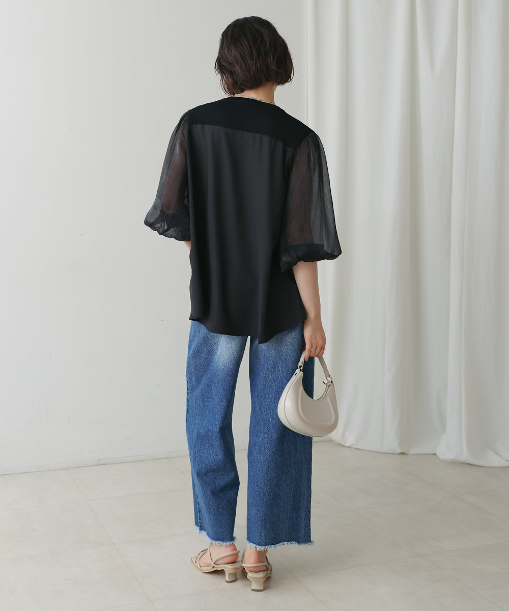 袖異素材バルーンスリーブプルオーバー