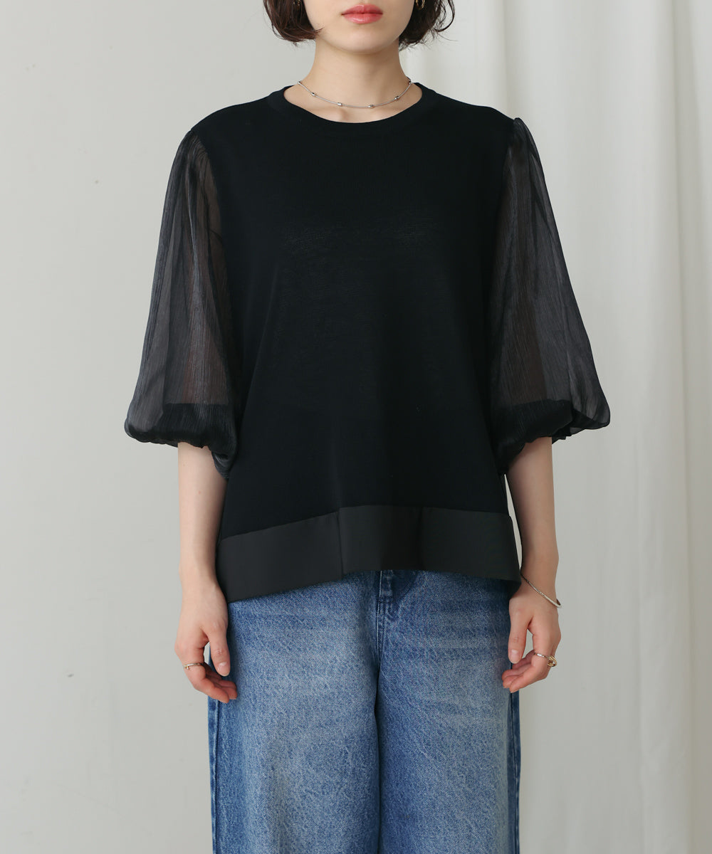 袖異素材バルーンスリーブプルオーバー