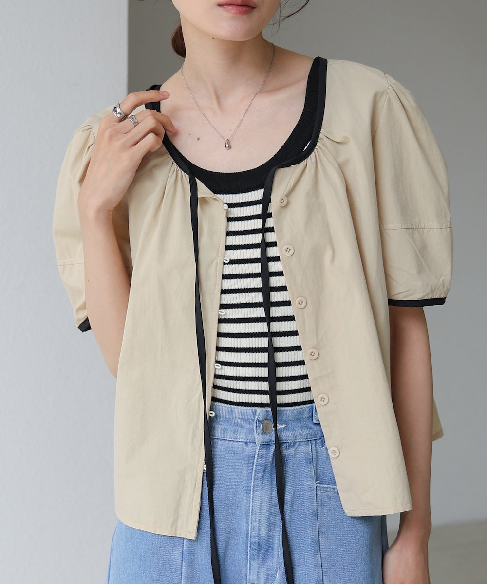 パイピングリボンブラウス