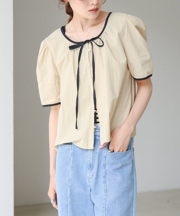 パイピングリボンブラウス