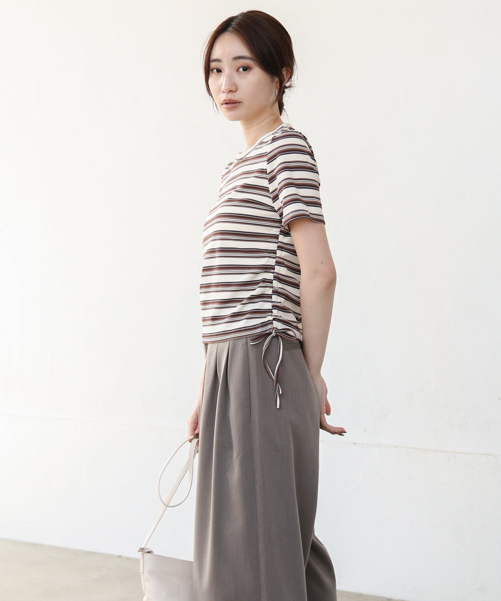 マルチボーダーサイドシャーリングTシャツ