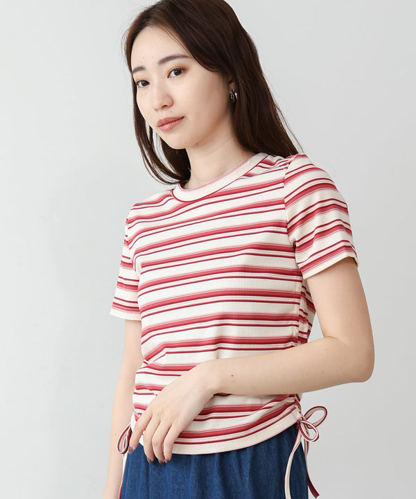 マルチボーダーサイドシャーリングTシャツ