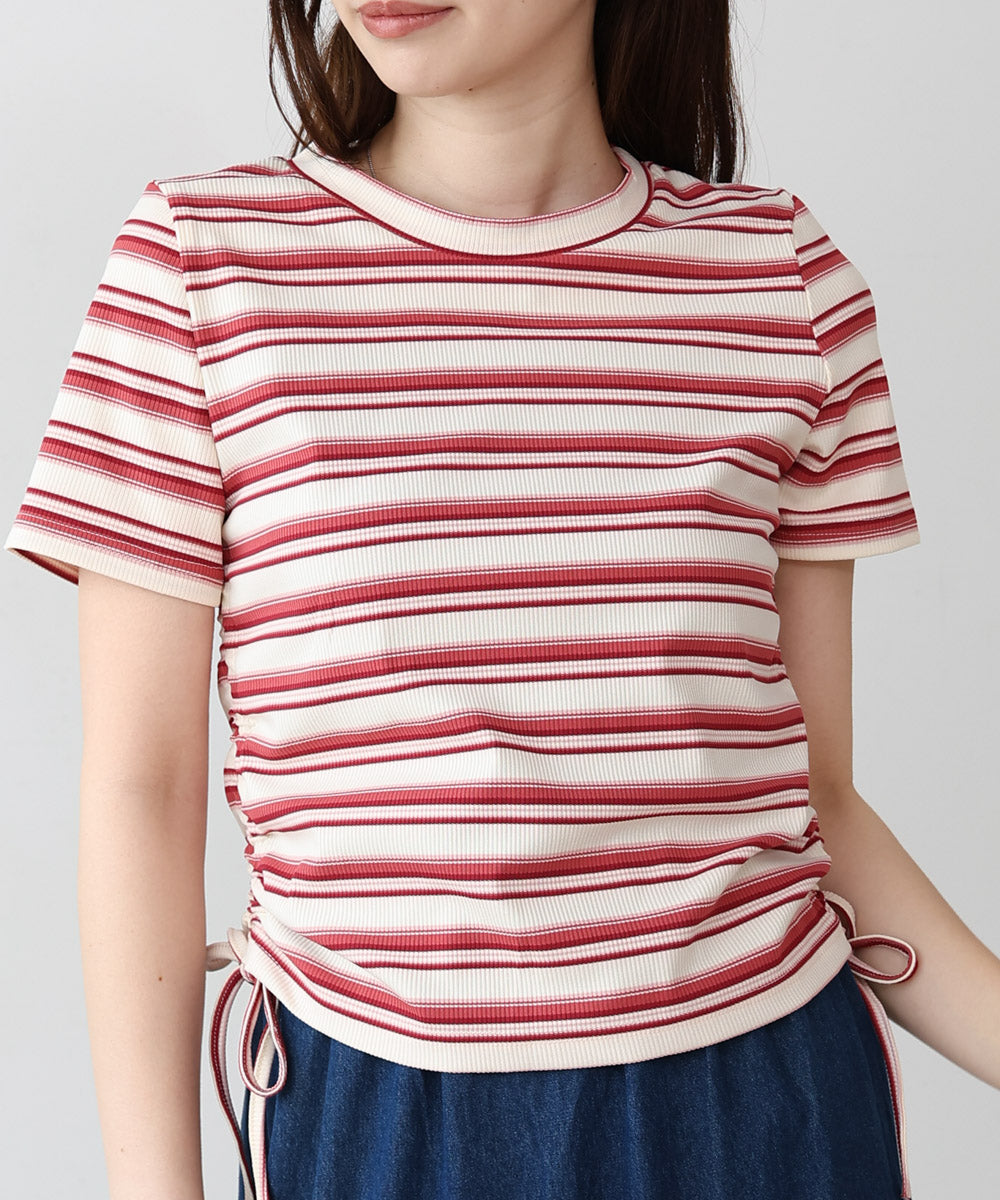 マルチボーダーサイドシャーリングTシャツ