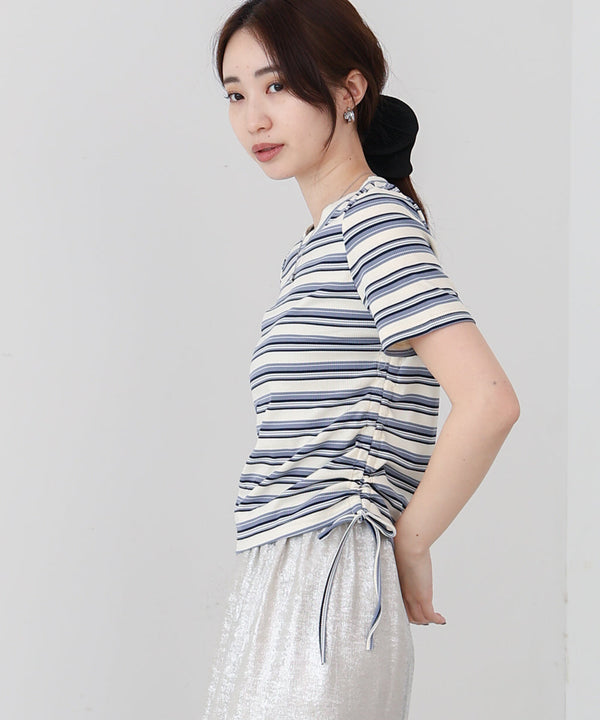 マルチボーダーサイドシャーリングTシャツ