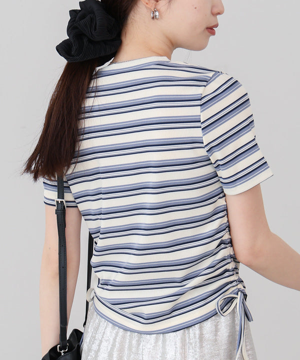 マルチボーダーサイドシャーリングTシャツ