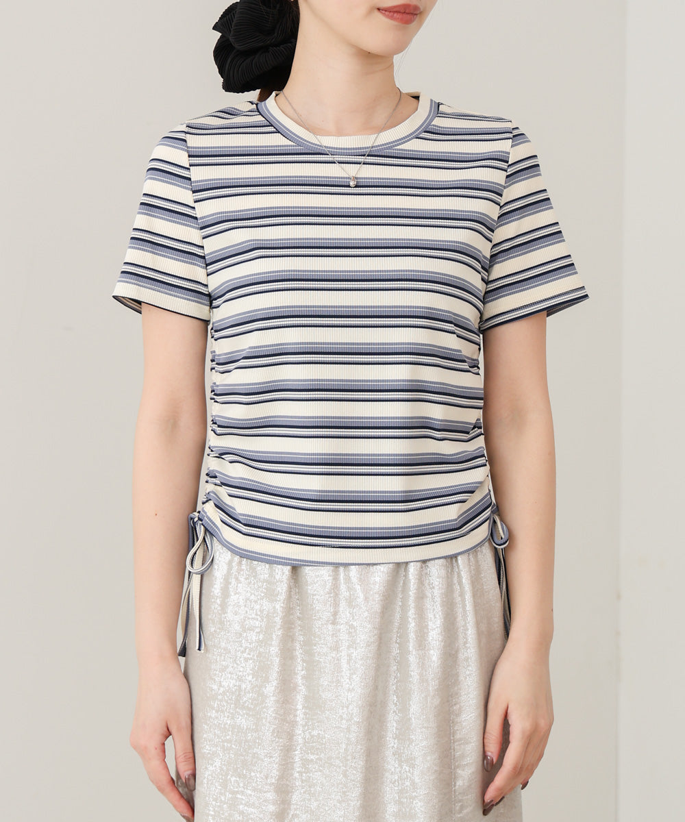 マルチボーダーサイドシャーリングTシャツ