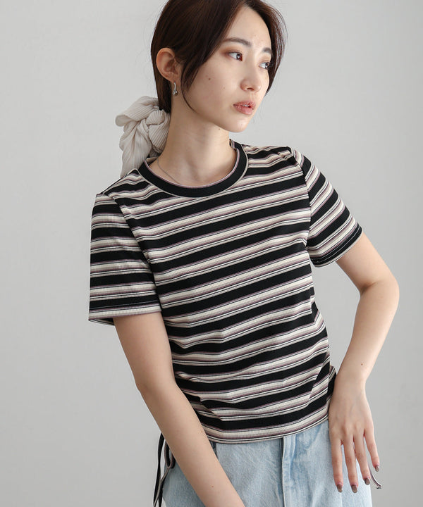 マルチボーダーサイドシャーリングTシャツ