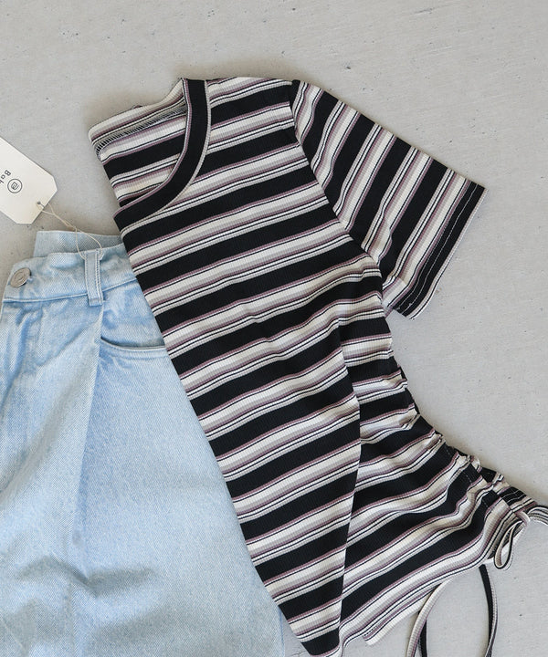 マルチボーダーサイドシャーリングTシャツ