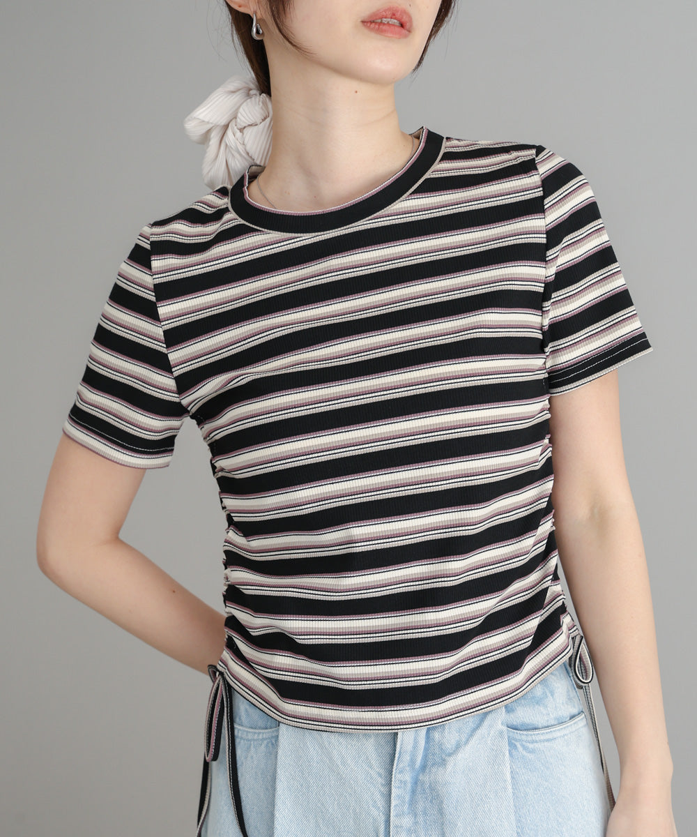 マルチボーダーサイドシャーリングTシャツ