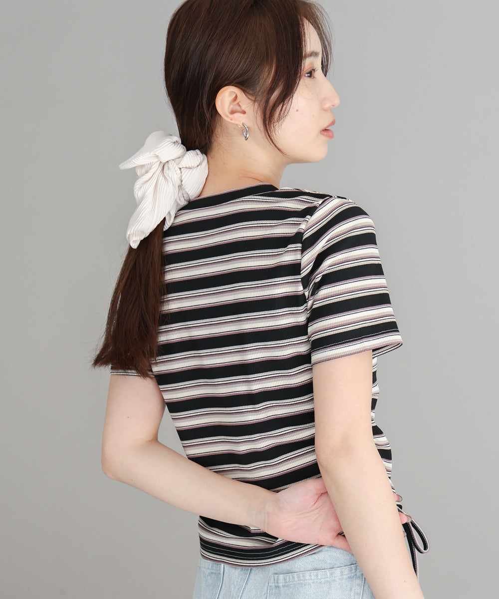 マルチボーダーサイドシャーリングTシャツ