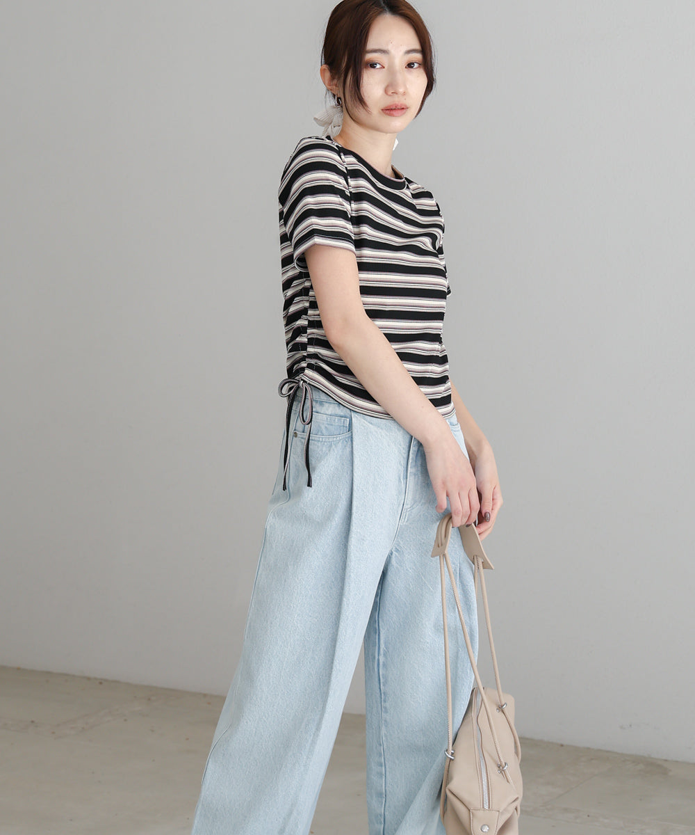 マルチボーダーサイドシャーリングTシャツ