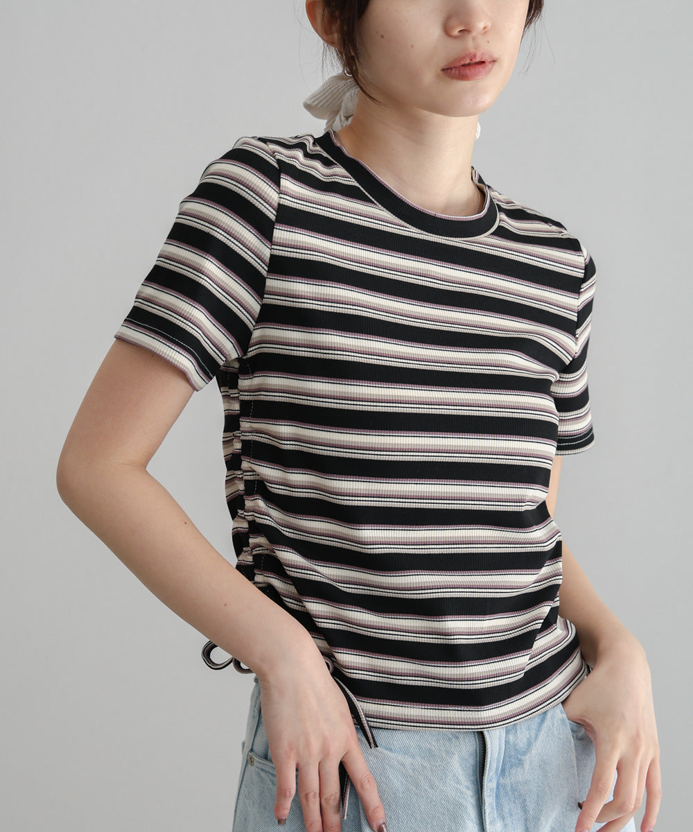 マルチボーダーサイドシャーリングTシャツ