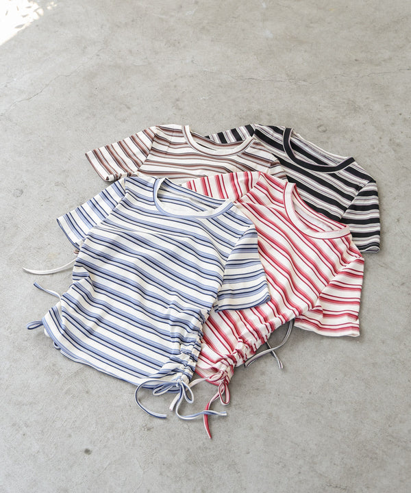 マルチボーダーサイドシャーリングTシャツ