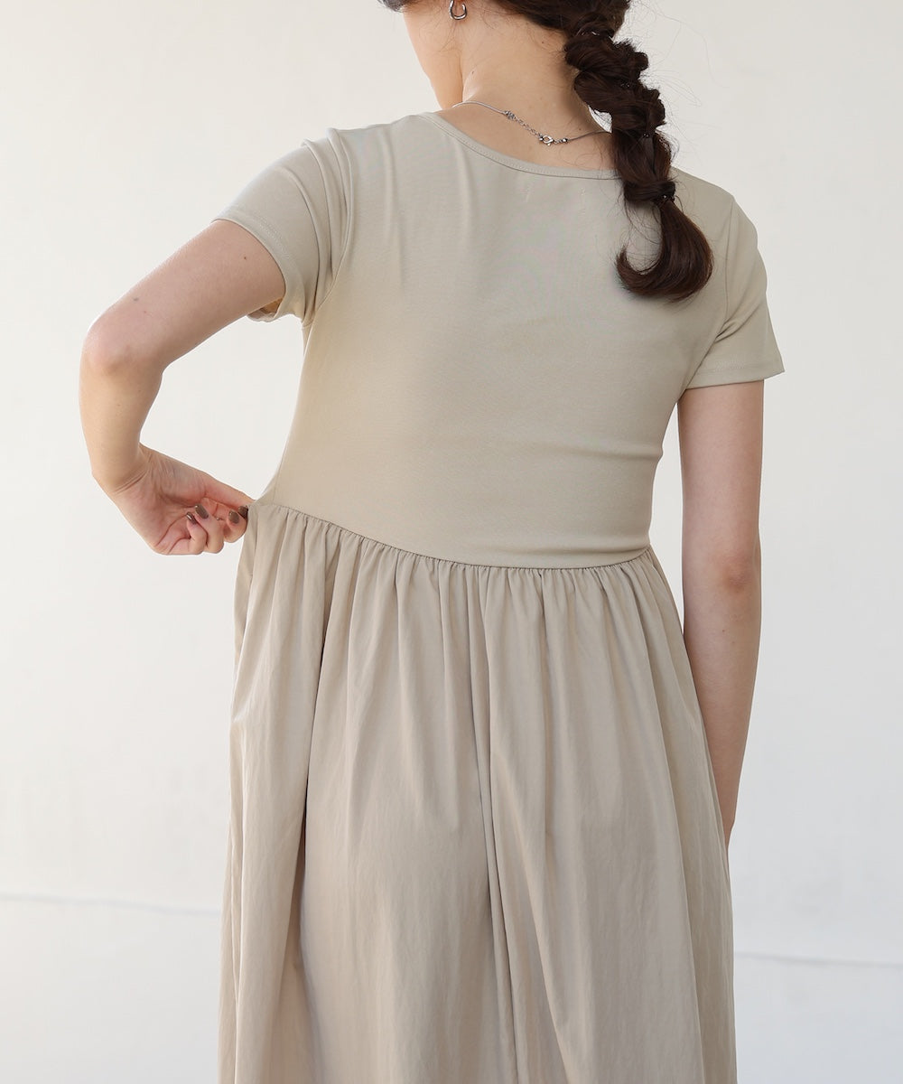 フロントギャザー異素材ドッキングワンピース