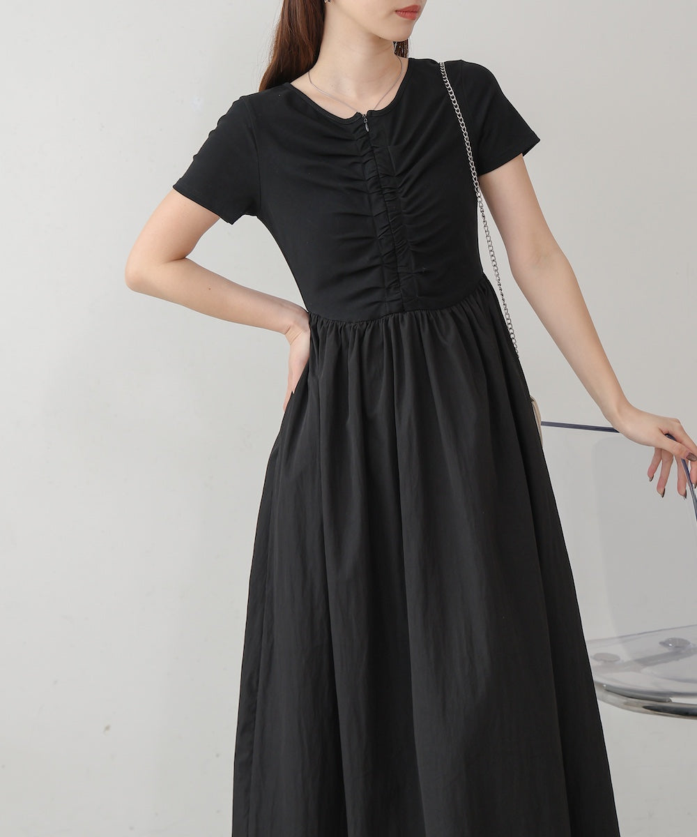 フロントギャザー異素材ドッキングワンピース
