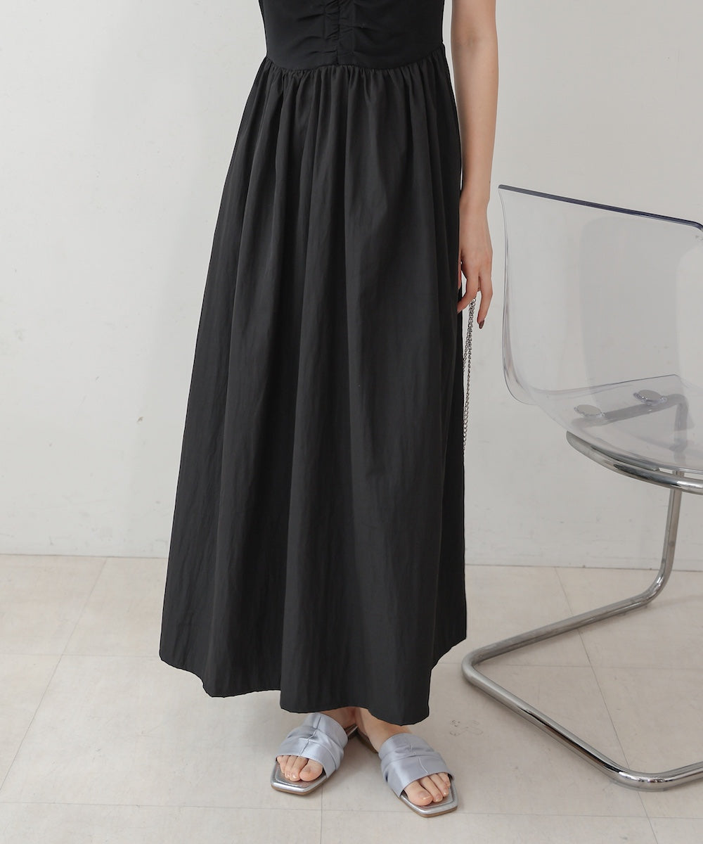 フロントギャザー異素材ドッキングワンピース