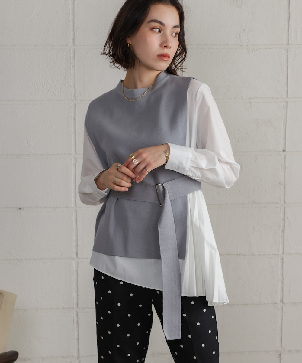 プリーツブラウスニットベストセット