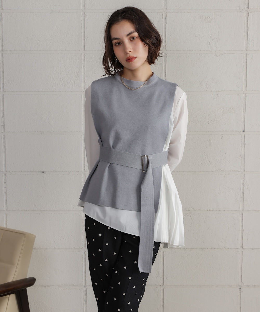 プリーツブラウスニットベストセット