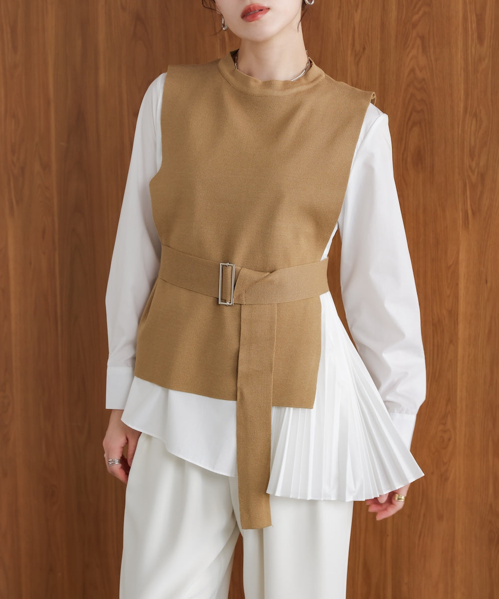 プリーツブラウスニットベストセット