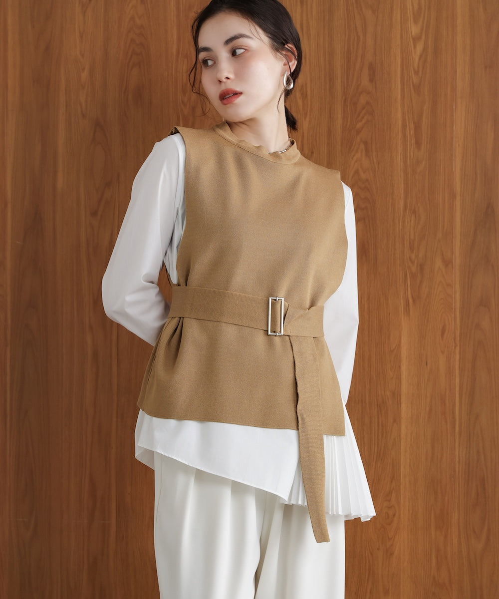 プリーツブラウスニットベストセット