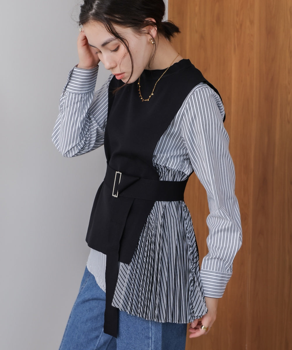 プリーツブラウスニットベストセット