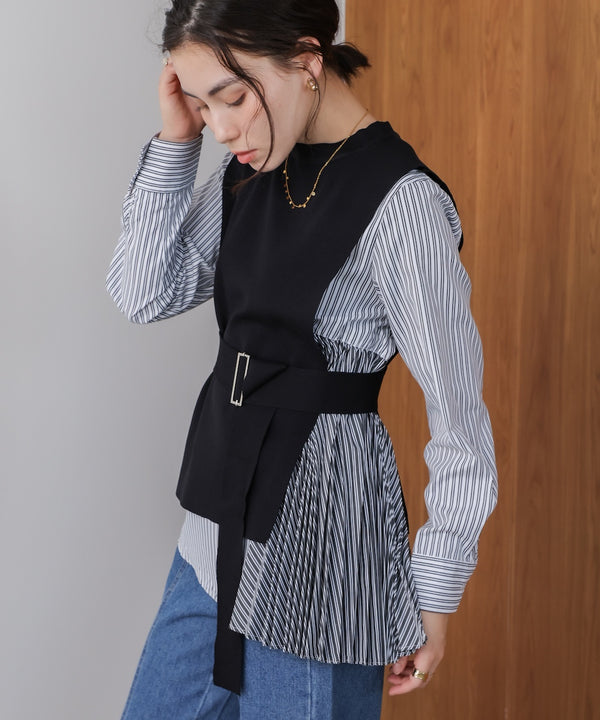 プリーツブラウスニットベストセット