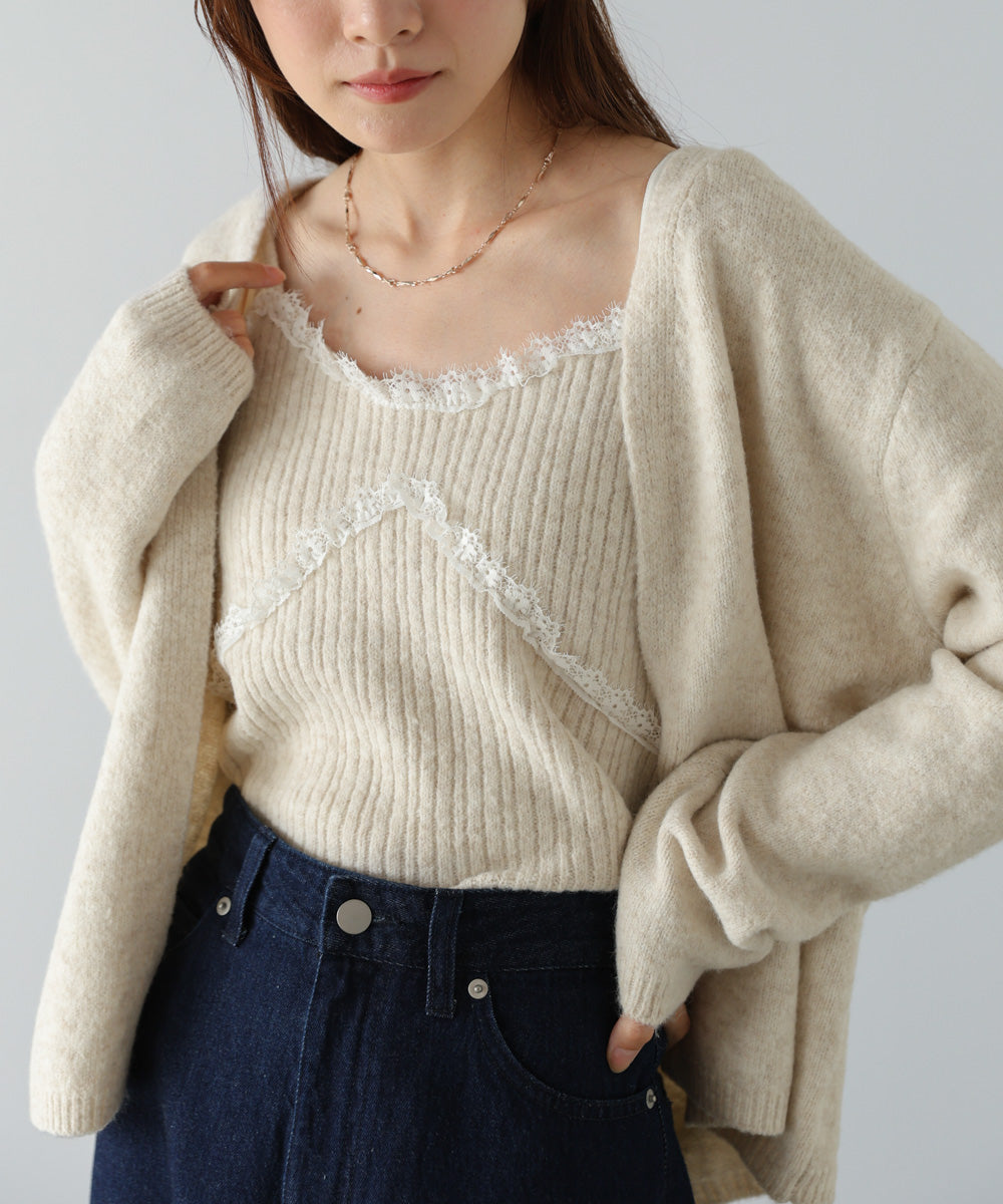 ニットレースキャミ+ニットカーディガン