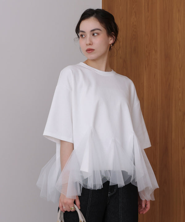 裾チュール五分袖チュニック