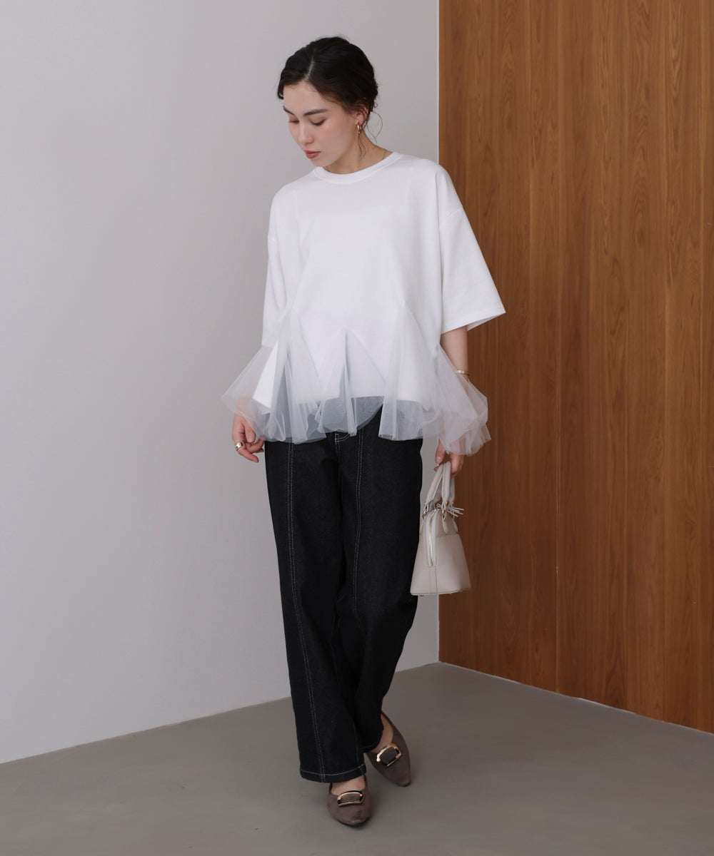 裾チュール五分袖チュニック