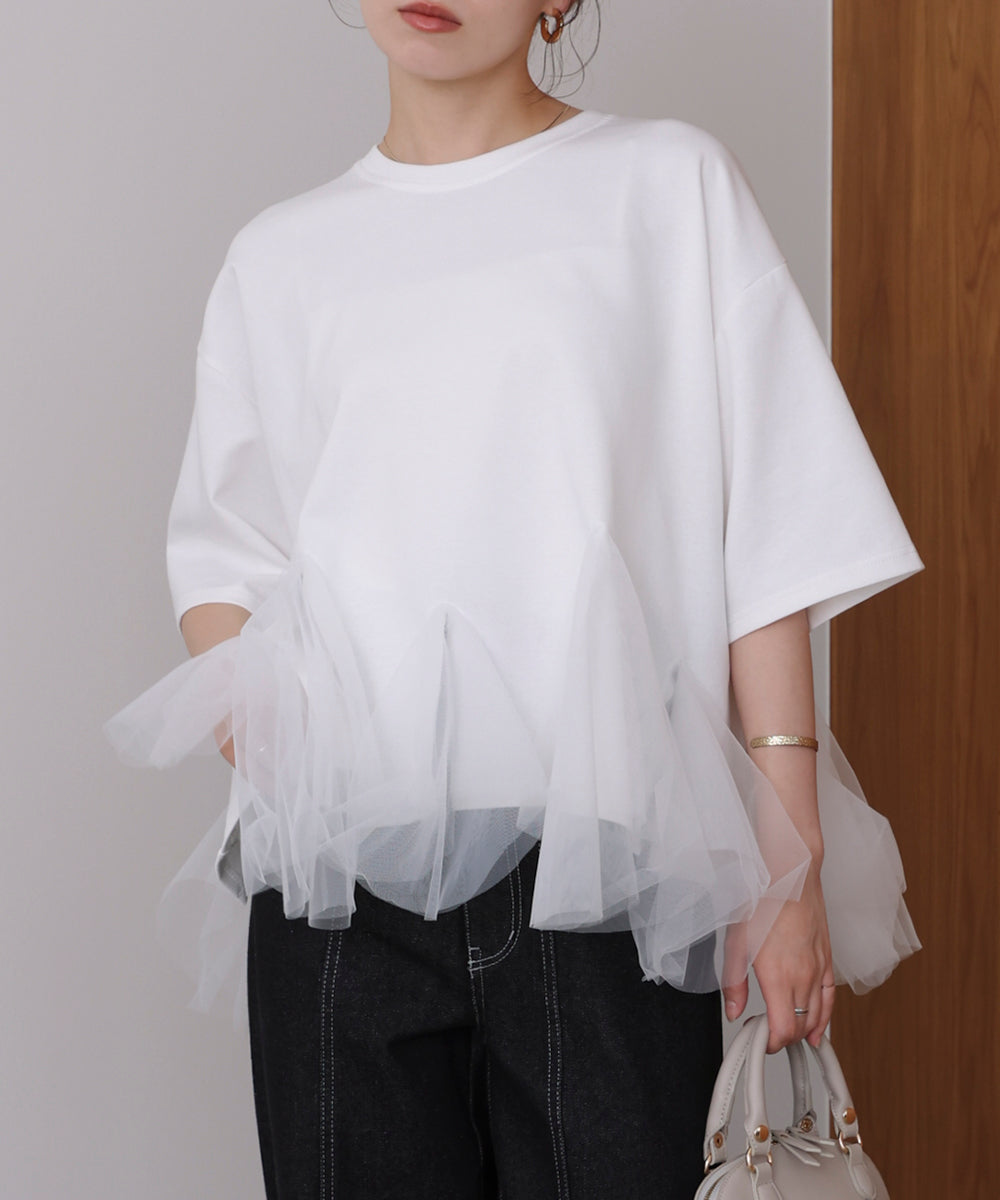 裾チュール五分袖チュニック