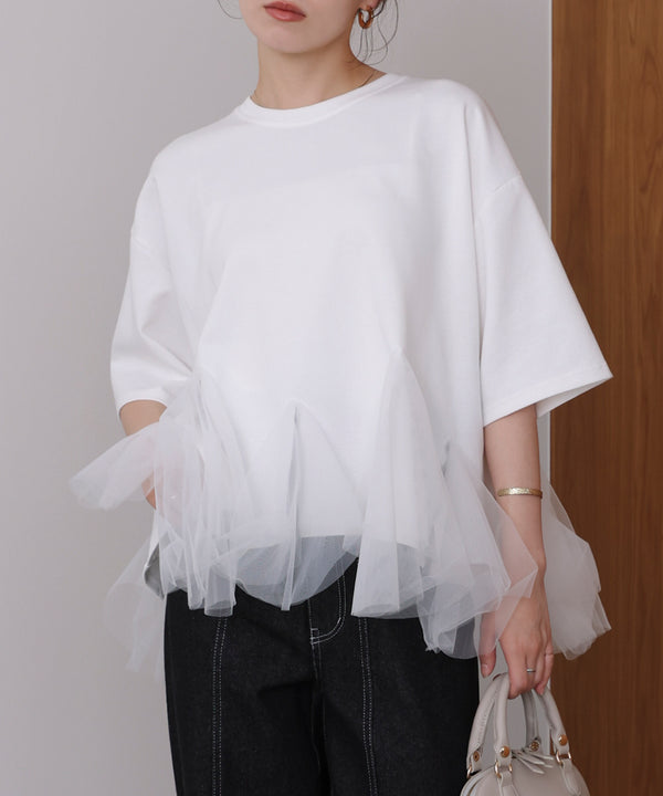 裾チュール五分袖チュニック