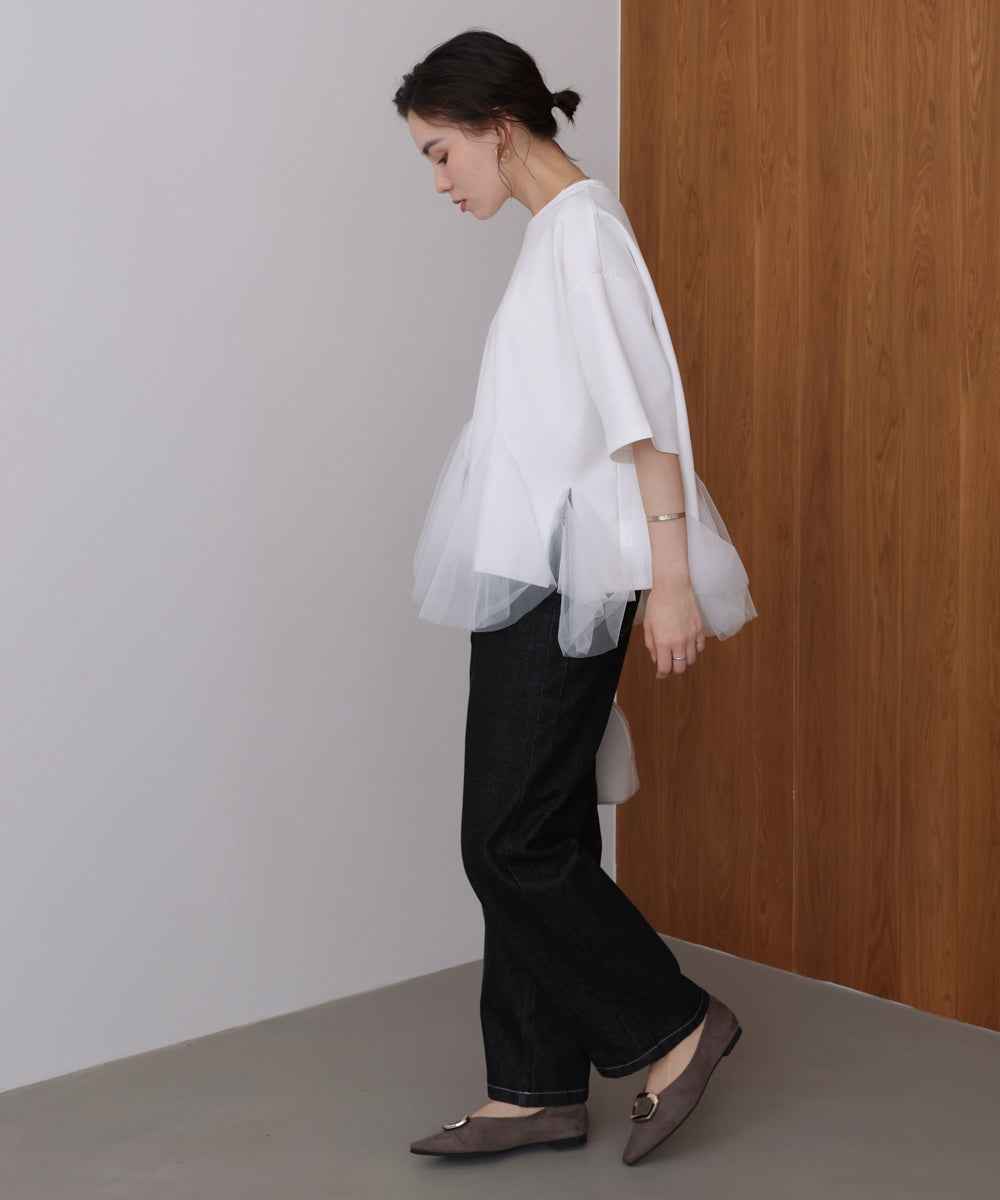 裾チュール五分袖チュニック