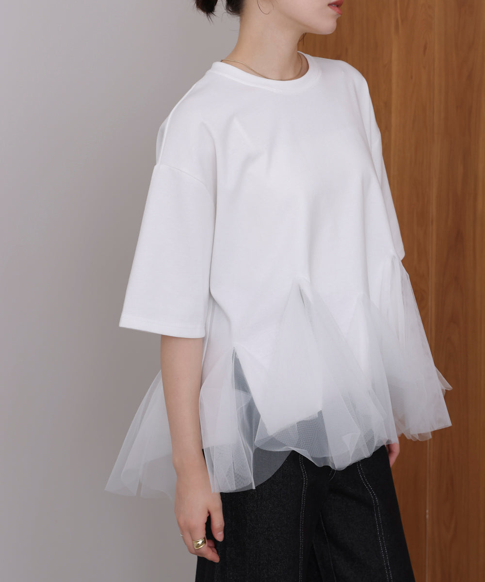 裾チュール五分袖チュニック