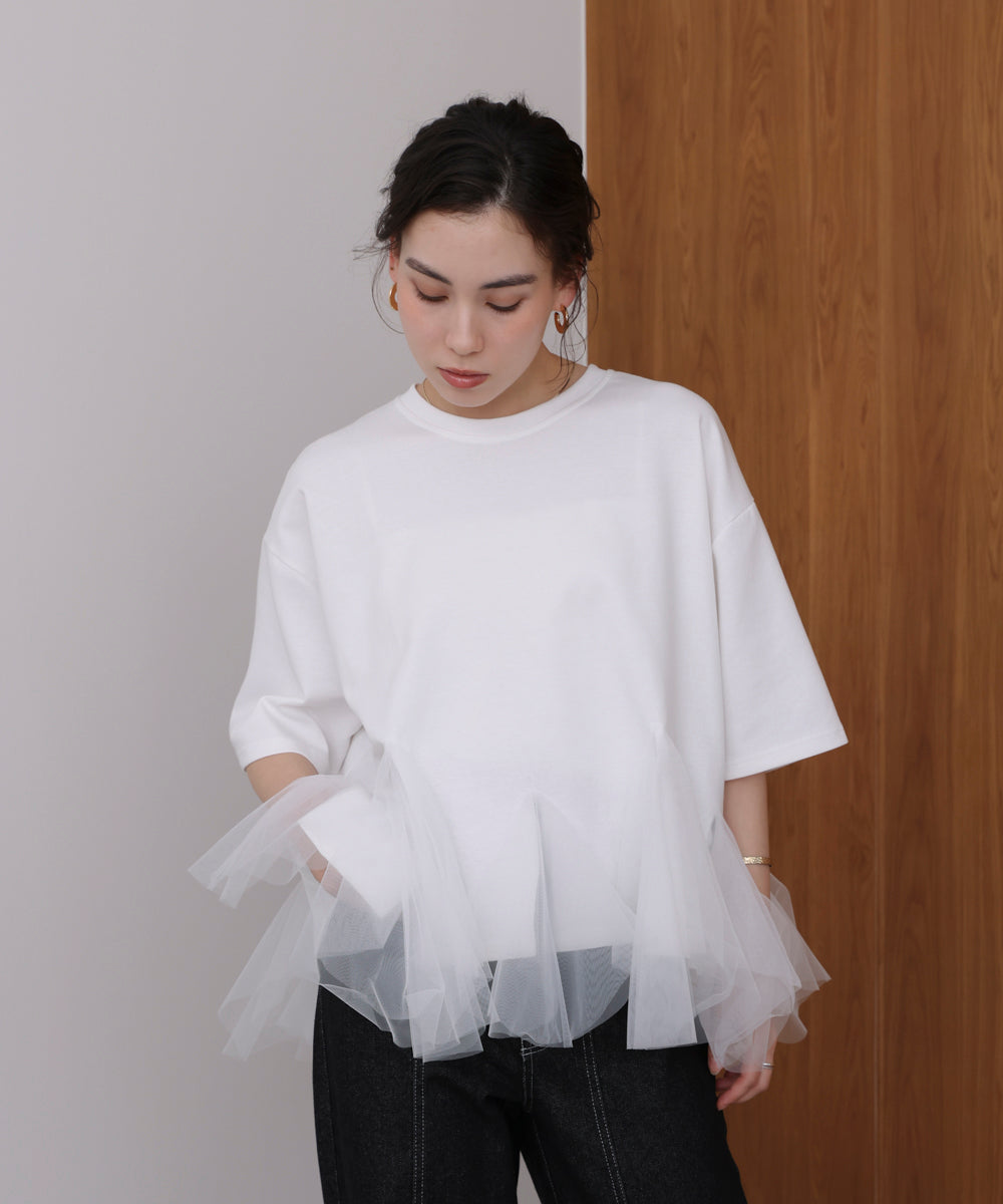 裾チュール五分袖チュニック