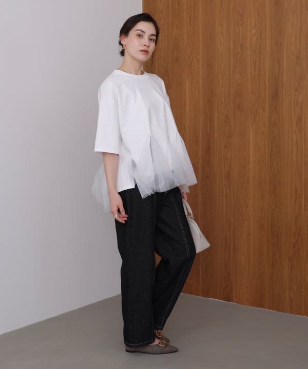 裾チュール五分袖チュニック