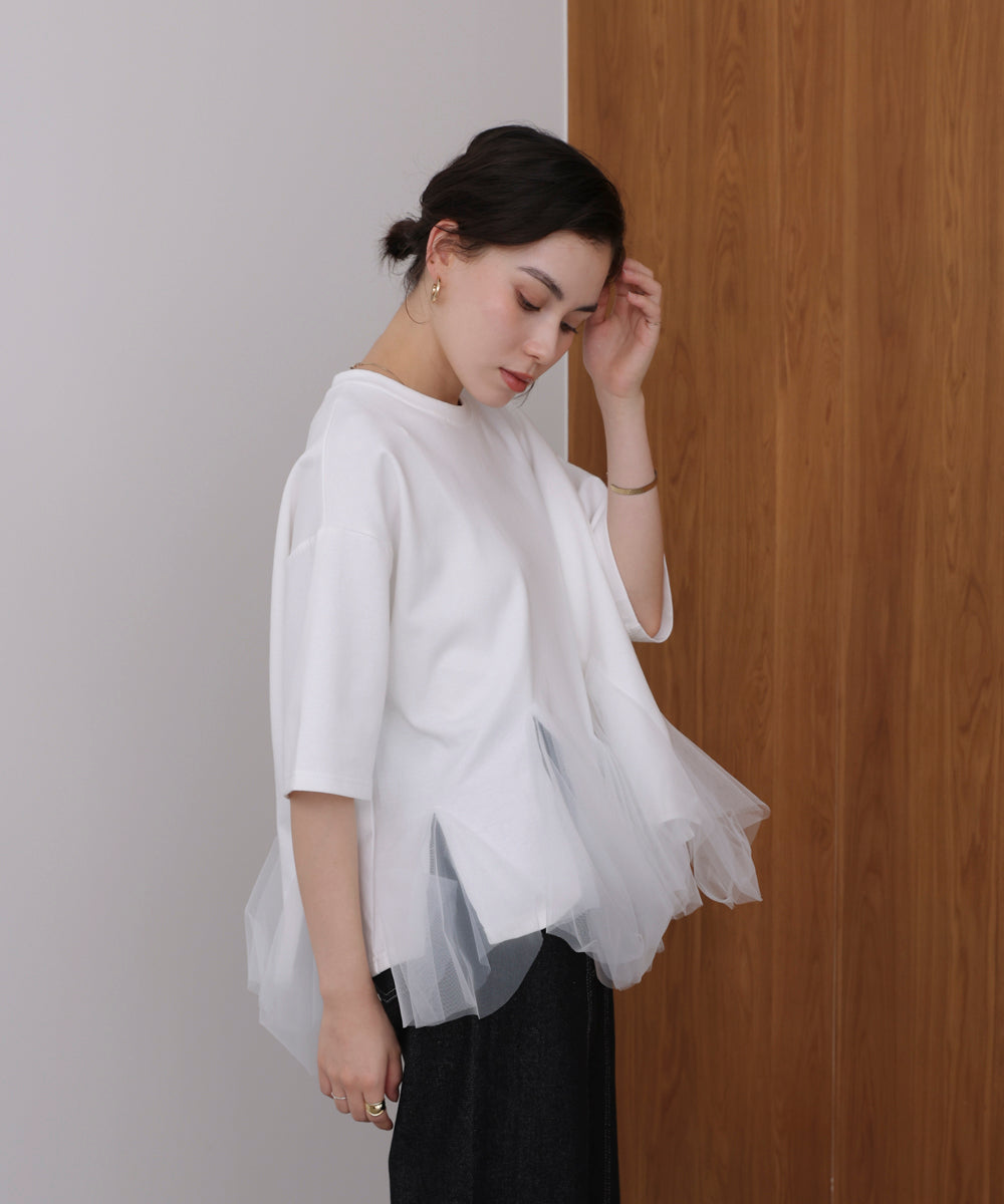 裾チュール五分袖チュニック
