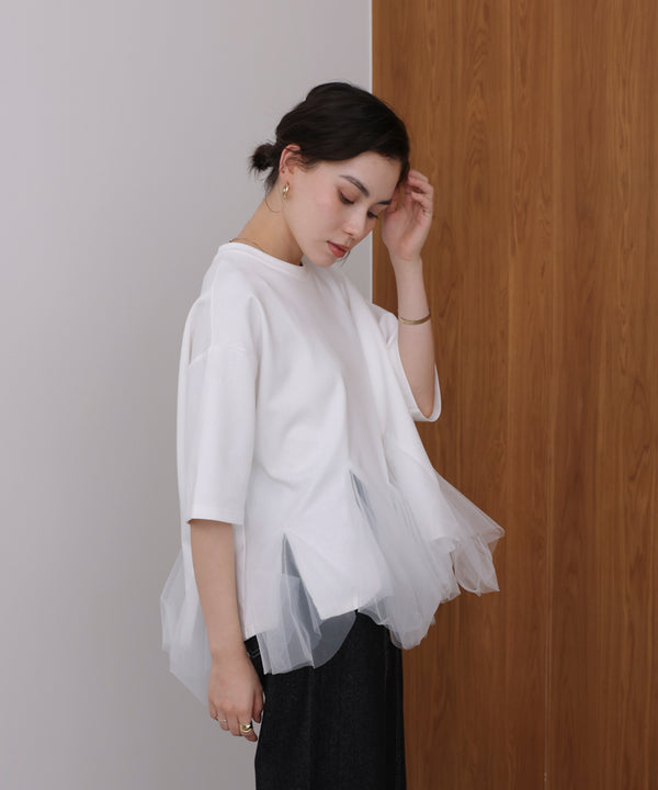 裾チュール五分袖チュニック