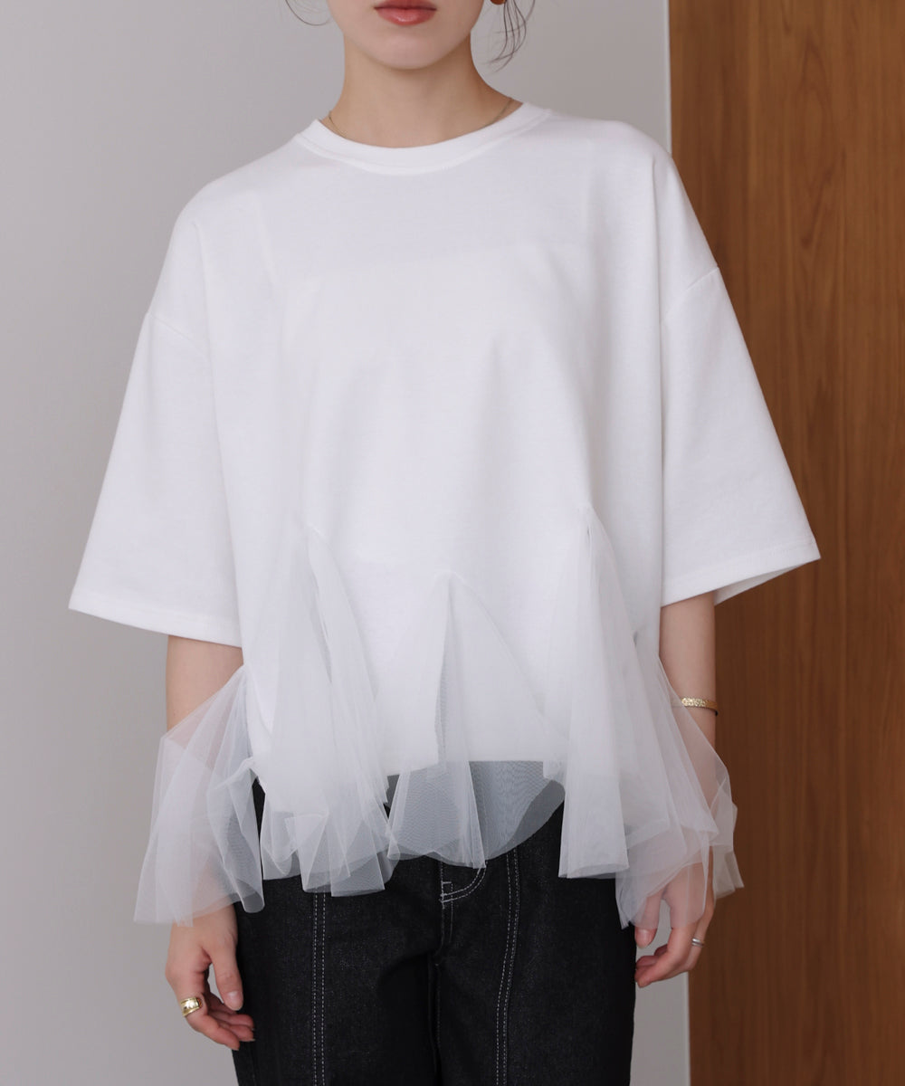 裾チュール五分袖チュニック