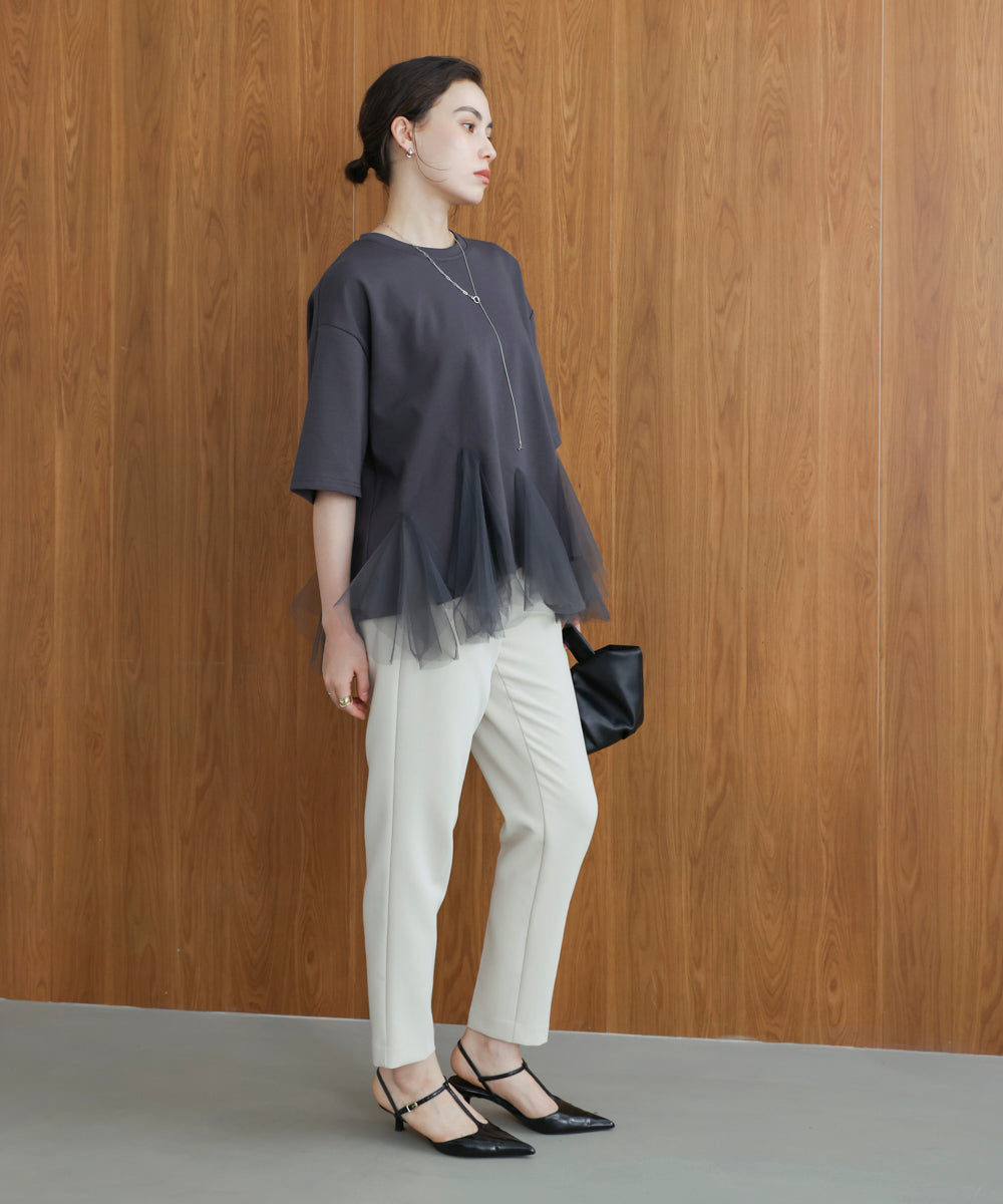 裾チュール五分袖チュニック