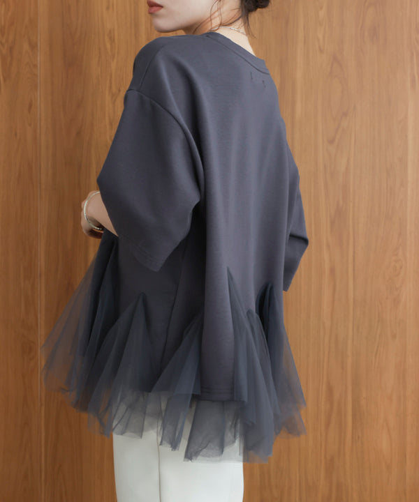 裾チュール五分袖チュニック